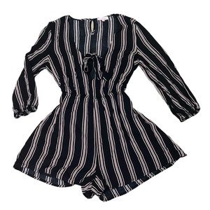Re:Named Black Striped Romper with V-Neck and Tie, Keyhole Back, 3/4 Sleeve